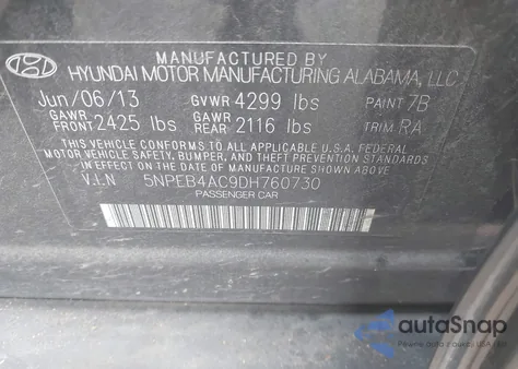 2013 Hyundai Sonata Gls z USA, uszkodzony, nr VIN 5NPEB4AC9DH760730